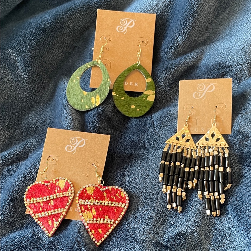 3Plunder Green Teardrop Earrings Gold Speckle, Red Hearts, Black/Gold NEW!